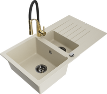 Mexen Matias Granitspüle 1,5-beckig mit Abtropffläche und Küchenarmatur Aster, beige - 6502-69-73450-57-B