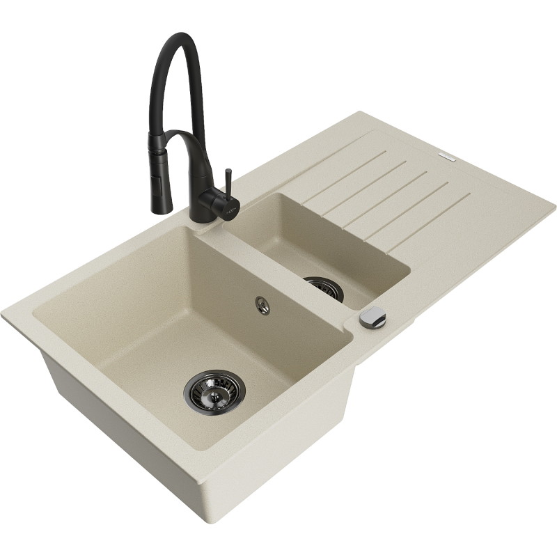 Mexen Matias Granitspüle 1,5-Becken mit Abtropffläche und Küchenarmatur Aster, beige - 6502-69-73450-70-B