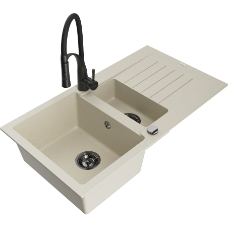 Mexen Matias Granitspüle 1,5-fach mit Abtropffläche und Küchenarmatur Aster, beige - 6502-69-73450-70-B