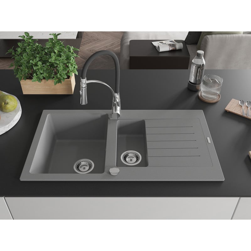 Mexen Matias Granitspüle 1,5-Becken mit Abtropffläche und Küchenarmatur Aster, Grau - 6502-71-73450-07