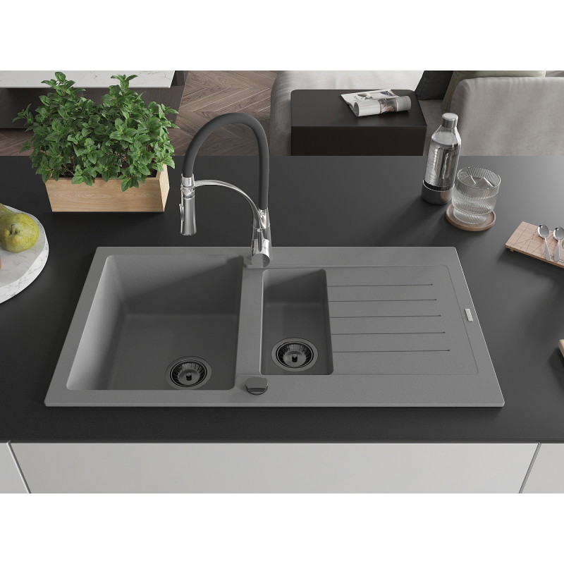 Mexen Matias 1,5-Kammer-Granits Spülbecken mit Abtropfbrett und Küchenarmatur Aster, grau - 6502-71-73450-07-B