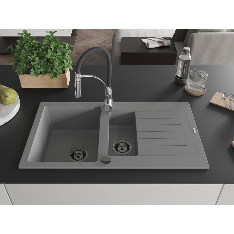 Mexen Matias Granitspüle 1,5-Kammer mit Abtropffläche und Küchenarmatur Aster, grau - 6502-71-73450-07-B