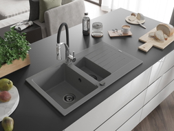 Mexen Matias Granitspüle 1,5-Kammer mit Abtropffläche und Küchenarmatur Aster, grau - 6502-71-73450-07-B
