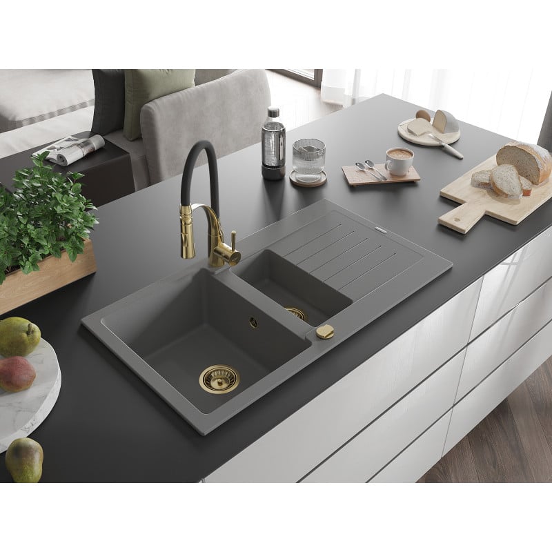 Mexen Matias Granitspüle 1,5-Becken mit Abtropffläche und Küchenarmatur Aster, grau - 6502-71-73450-57-G