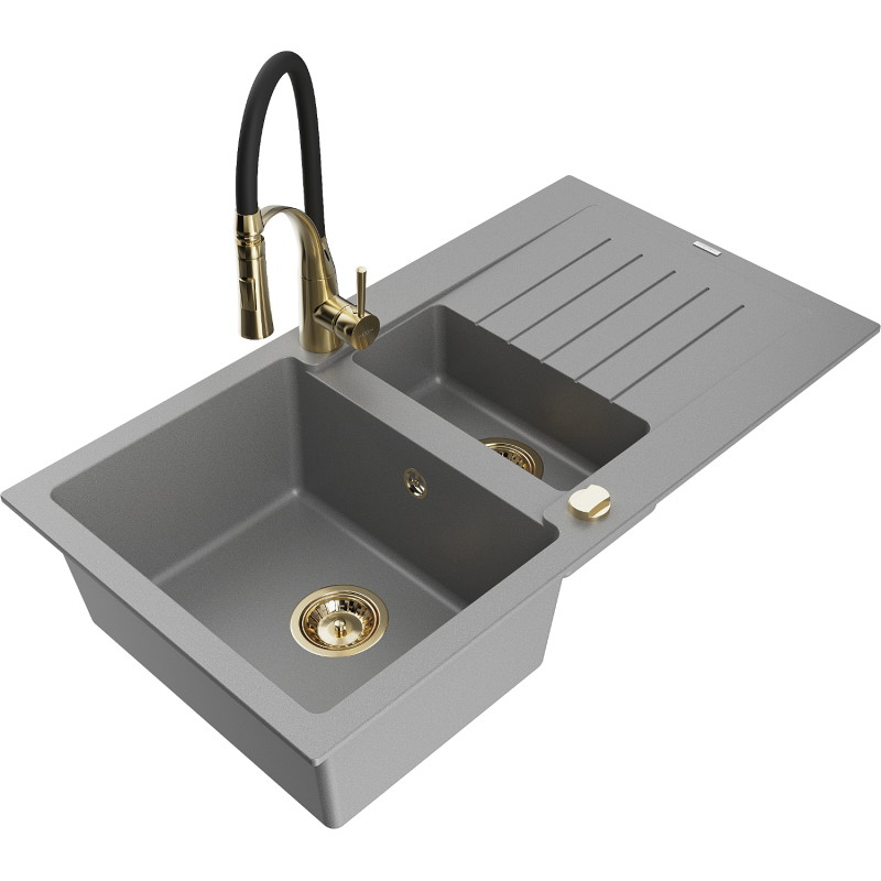 Mexen Matias 1,5-Schalen-Granispüle mit Abtropffläche und Küchenarmatur Aster, grau - 6502-71-73450-57-G