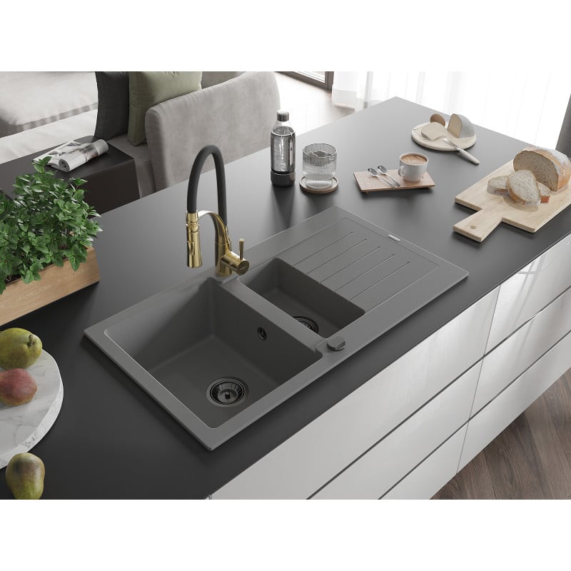 Mexen Matias Granitspüle 1,5-Becken mit Ablage und Küchenarmatur Aster, grau - 6502-71-73450-57-B