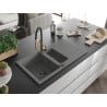 Mexen Matias Granitspüle 1,5-Becken mit Ablage und Küchenarmatur Aster, grau - 6502-71-73450-57-B