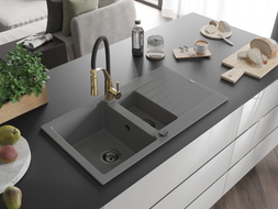 Mexen Matias Granitspüle 1,5-Becken mit Ablage und Küchenarmatur Aster, grau - 6502-71-73450-57-B