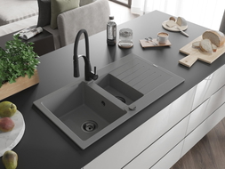 Mexen Matias Granitspüle 1,5-Becken mit Abtropffläche und Küchenarmatur Aster, grau - 6502-71-73450-70-B