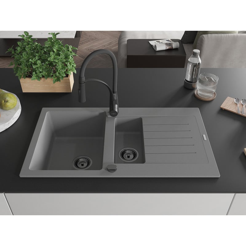 Mexen Matias Granitspüle 1,5-Becken mit Abtropffläche und Küchenarmatur Aster, grau - 6502-71-73450-70-B