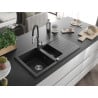 Mexen Matias Granitspüle 1,5-Becken mit Abtropffläche und Küchenarmatur Aster, schwarz/silbermetallik - 6502-73-73450-07