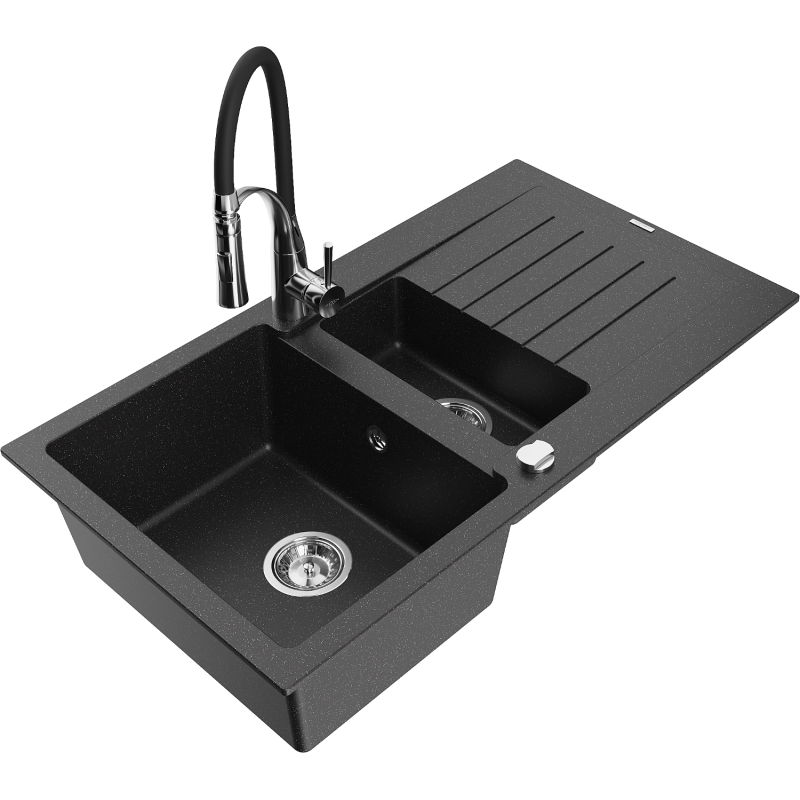 Mexen Matias Granitspüle 1,5-Becken mit Abtropffläche und Küchenarmatur Aster, schwarz/silbermetallik - 6502-73-73450-07