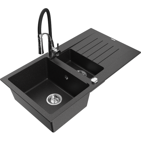 Mexen Matias 1,5-Kammer Granitspüle mit Abtropffläche und Küchenarmatur Aster, schwarz/silber metallic - 6502-73-73450-07