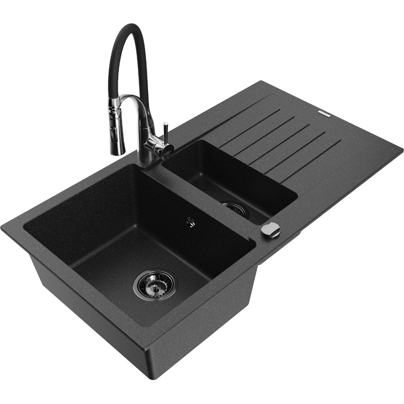 Mexen Matias Granitspüle 1,5-Kammer mit Abtropffläche und Küchenarmatur Aster, schwarz/silber - 6502-73-73450-07-B