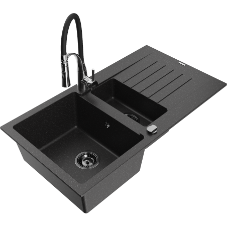 Mexen Matias Granitspüle 1,5-Becken mit Abtropffläche und Küchenarmatur Aster, schwarz/silber - 6502-73-73450-07-B