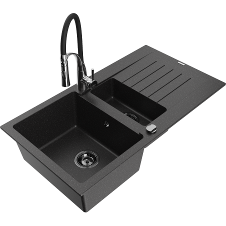 Mexen Matias Granitspüle 1,5-Kammer mit Abtropffläche und Küchenarmatur Aster, schwarz/silber - 6502-73-73450-07-B