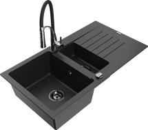 Mexen Matias Granitspüle 1,5-Becken mit Abtropffläche und Küchenarmatur Aster, schwarz/silber - 6502-73-73450-07-B