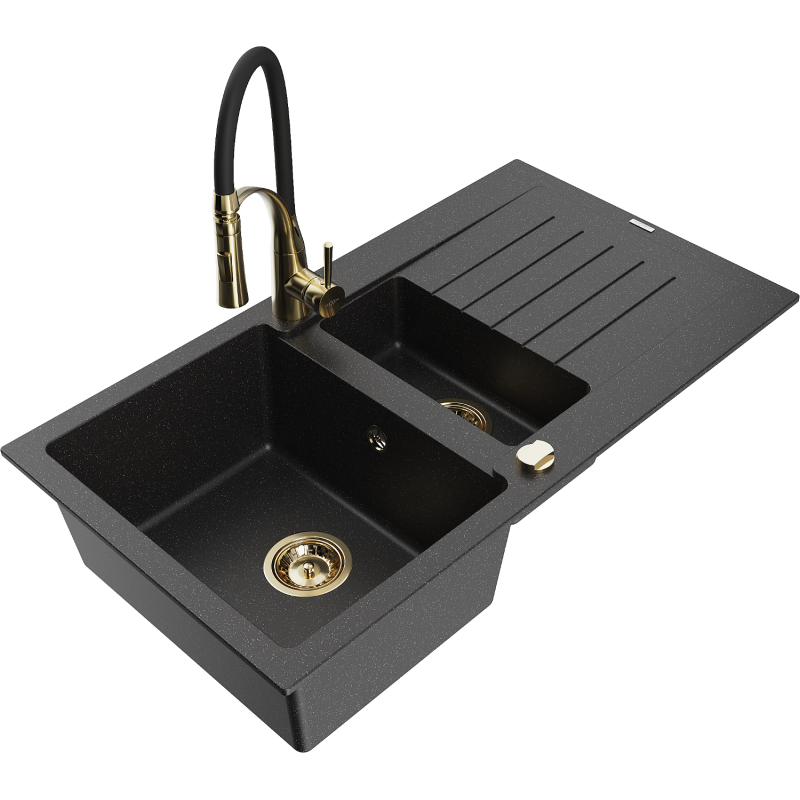 Mexen Matias Granitspüle 1,5-Becken mit Abtropffläche und Küchenarmatur Aster, schwarz/silber - 6502-73-73450-57-G
