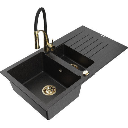 Mexen Matias Granitspüle 1,5-fach mit Abtropffläche und Küchenarmatur Aster, schwarz/silber - 6502-73-73450-57-G