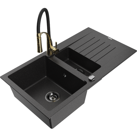 Mexen Matias Granitspüle 1,5-Becken mit Abtropffläche und Küchenarmatur Aster, schwarz/silber - 6502-73-73450-57-B