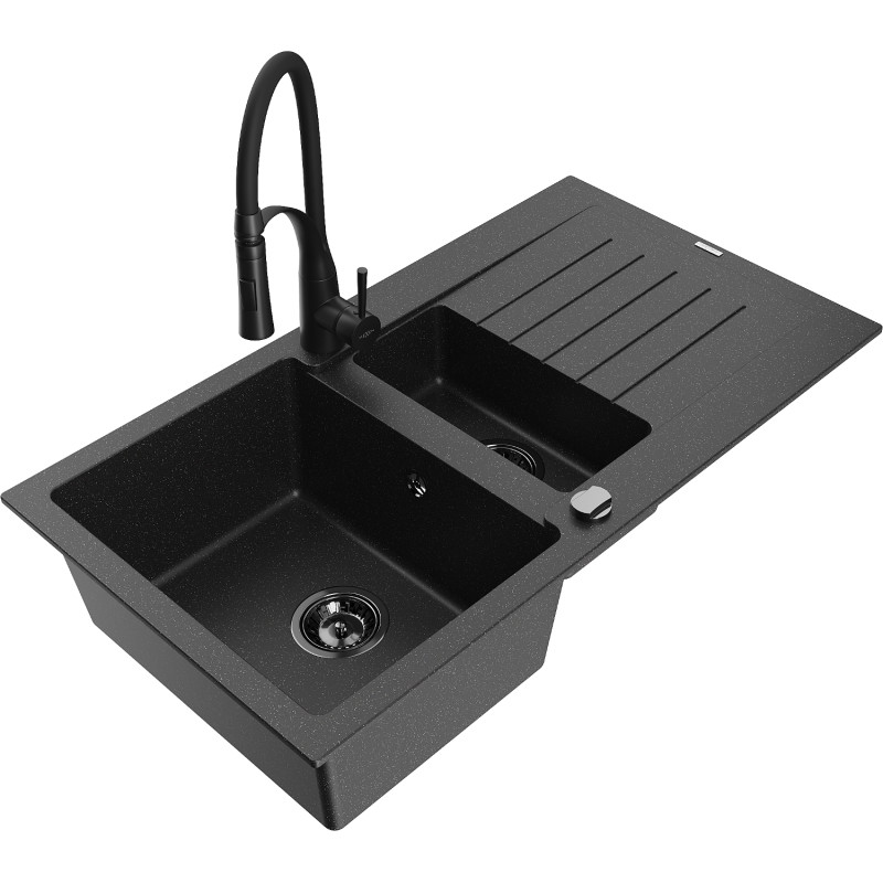 Mexen Matias Granitspüle 1,5-Becken mit Abtropffläche und Küchenarmatur Aster, schwarz/silber - 6502-73-73450-70-B