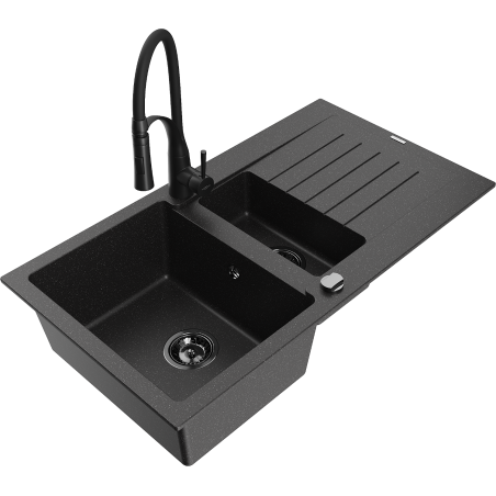 Mexen Matias Granitspüle 1,5-Becken mit Abtropffläche und Küchenarmatur Aster, schwarz/silber - 6502-73-73450-70-B