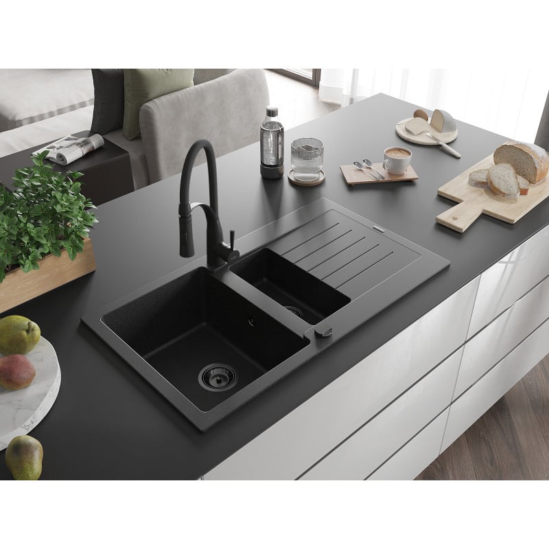 Mexen Matias Granitspüle 1,5-beckig mit Abtropffläche und Küchenarmatur Aster, schwarz/silber - 6502-73-73450-70-B