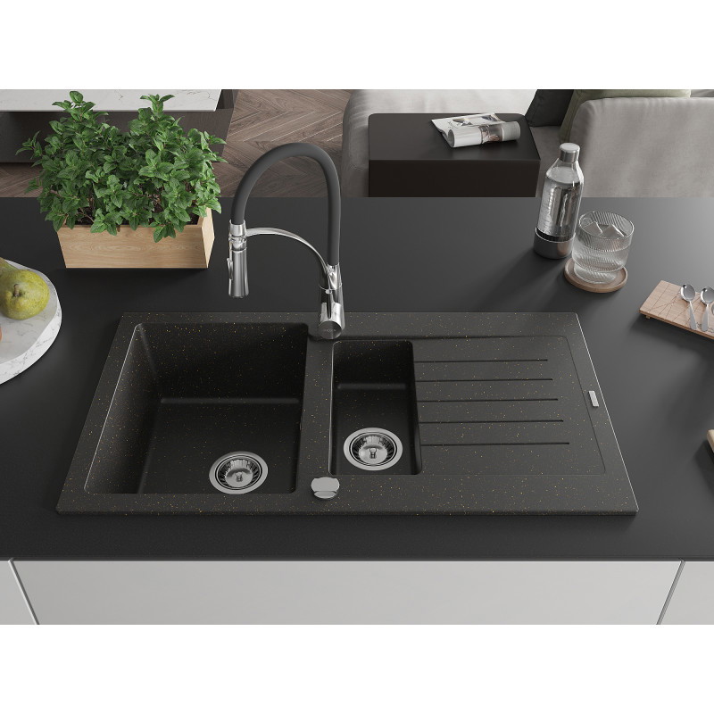 Mexen Matias Granitspüle 1,5-Fach mit Abtropffläche und Küchenarmatur Aster, Schwarz/Gold Metallic - 6502-75-73450-07
