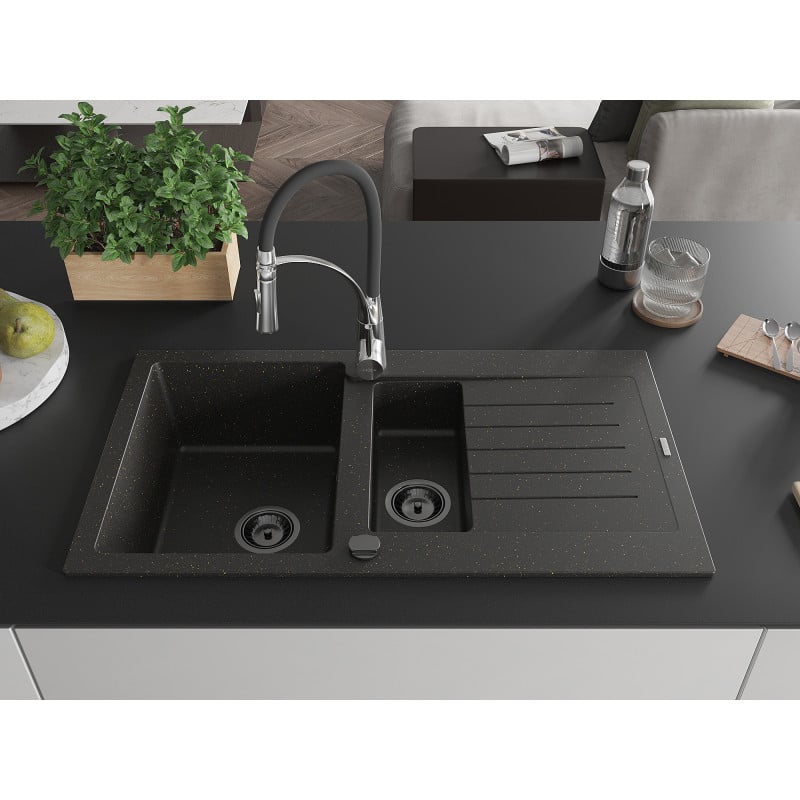 Mexen Matias granitspüle 1,5-becken mit abtropffläche und küchenarmatur Aster, schwarz/gold metallic - 6502-75-73450-07-B