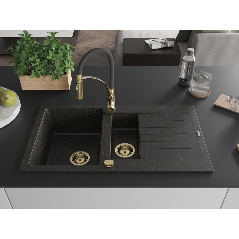 Mexen Matias Granitspüle 1,5-beckig mit Abtropffläche und Küchenarmatur Aster, schwarz/gold metallic - 6502-75-73450-57-G