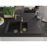 Mexen Matias Granitspüle 1,5-beckig mit Abtropffläche und Küchenarmatur Aster, schwarz/gold metallic - 6502-75-73450-57-G