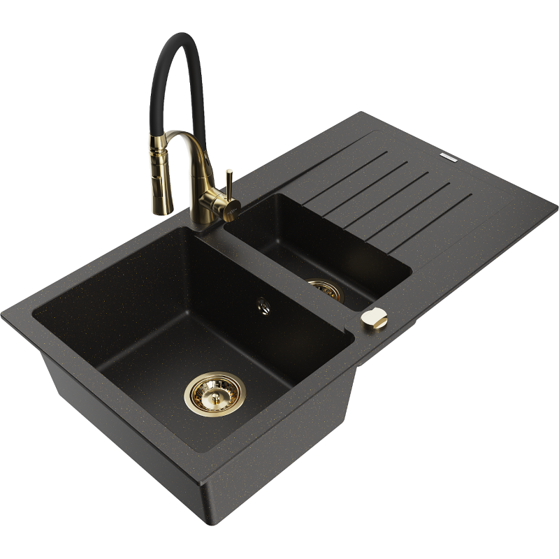 Mexen Matias Granitspüle 1,5-beckig mit Abtropffläche und Küchenarmatur Aster, schwarz/gold metallic - 6502-75-73450-57-G