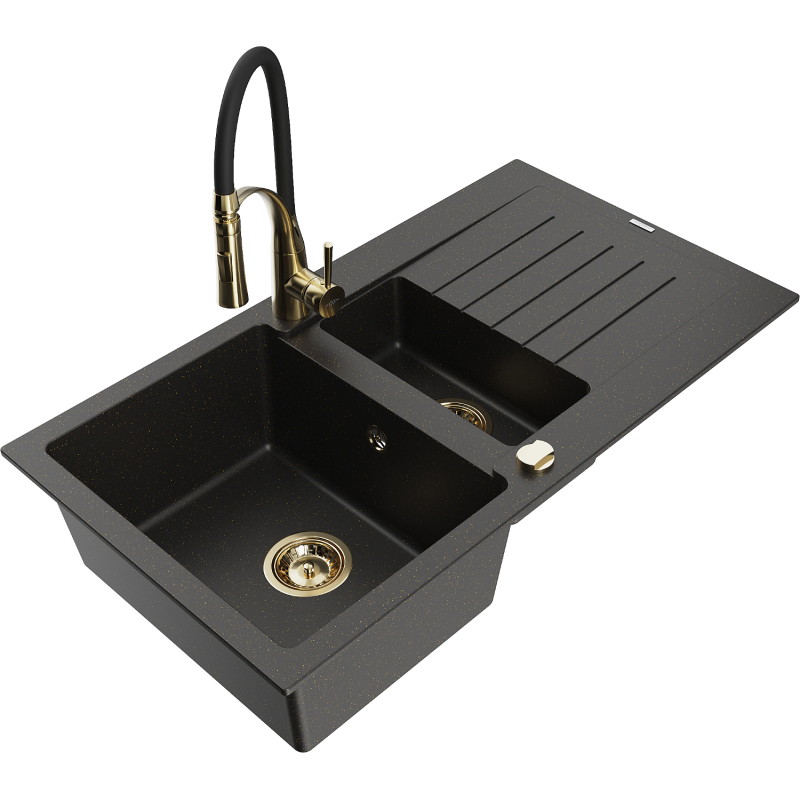 Mexen Matias Granitspüle 1,5-fach mit Abtropffläche und Küchenarmatur Aster, schwarz/gold-metallic - 6502-75-73450-57-G