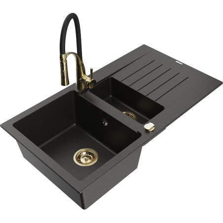 Mexen Matias Granitspüle 1,5-beckig mit Abtropffläche und Küchenarmatur Aster, schwarz/gold metallic - 6502-75-73450-57-G