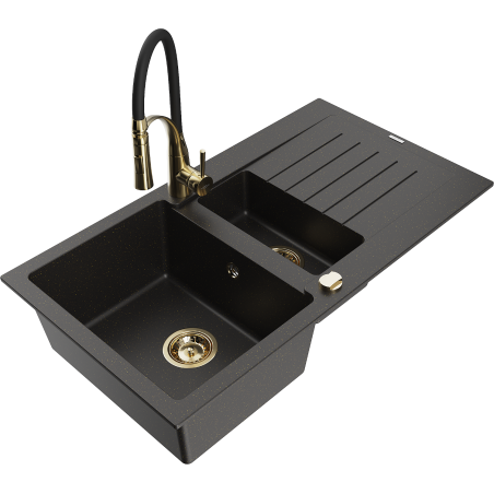 Mexen Matias Granitspüle 1,5-fach mit Abtropffläche und Küchenarmatur Aster, schwarz/gold-metallic - 6502-75-73450-57-G