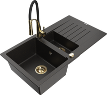 Mexen Matias Granitspüle 1,5 Becken mit Abtropffläche und Küchenarmatur Aster, schwarz/gold metallik - 6502-75-73450-57-G