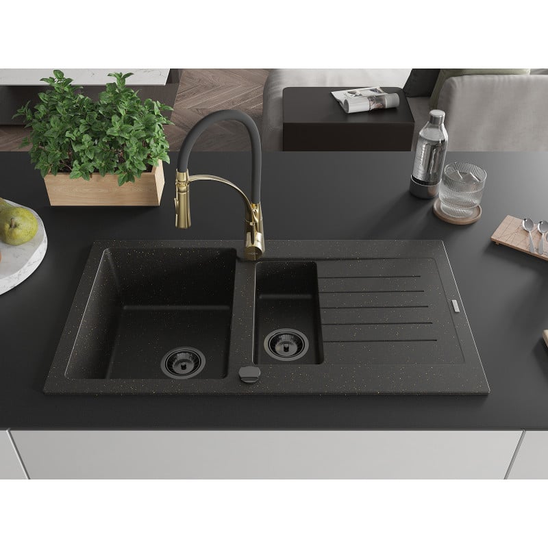 Mexen Matias Granitspüle 1,5-Becken mit Abtropffläche und Küchenarmatur Aster, schwarz/goldenes Metallik - 6502-75-73450-57-B