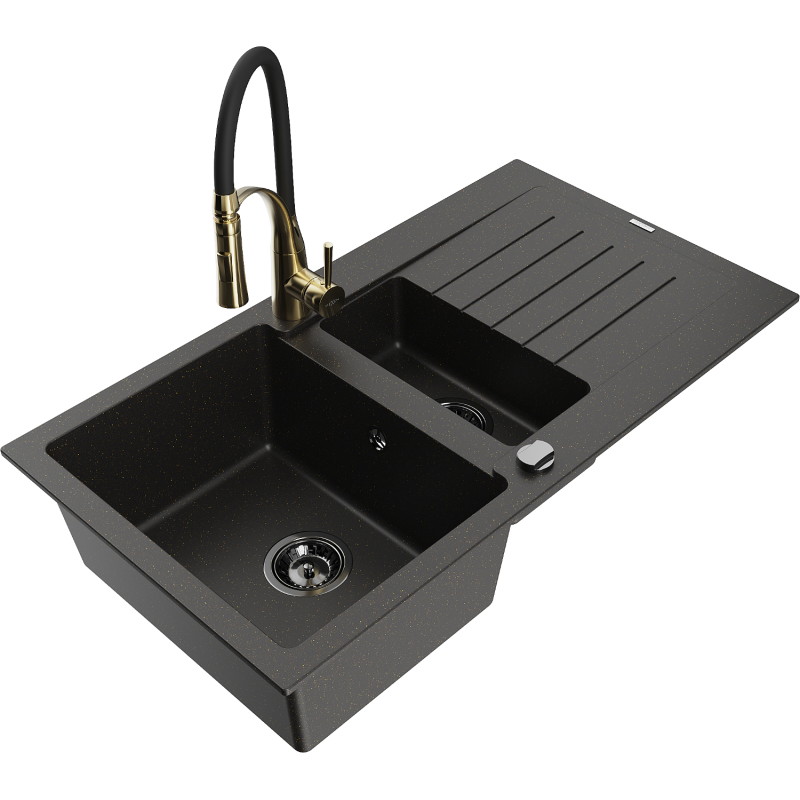 Mexen Matias 1,5-Kammer Granitspüle mit Abtropffläche und Küchenarmatur Aster, Schwarz/Gold Metallic - 6502-75-73450-57-B