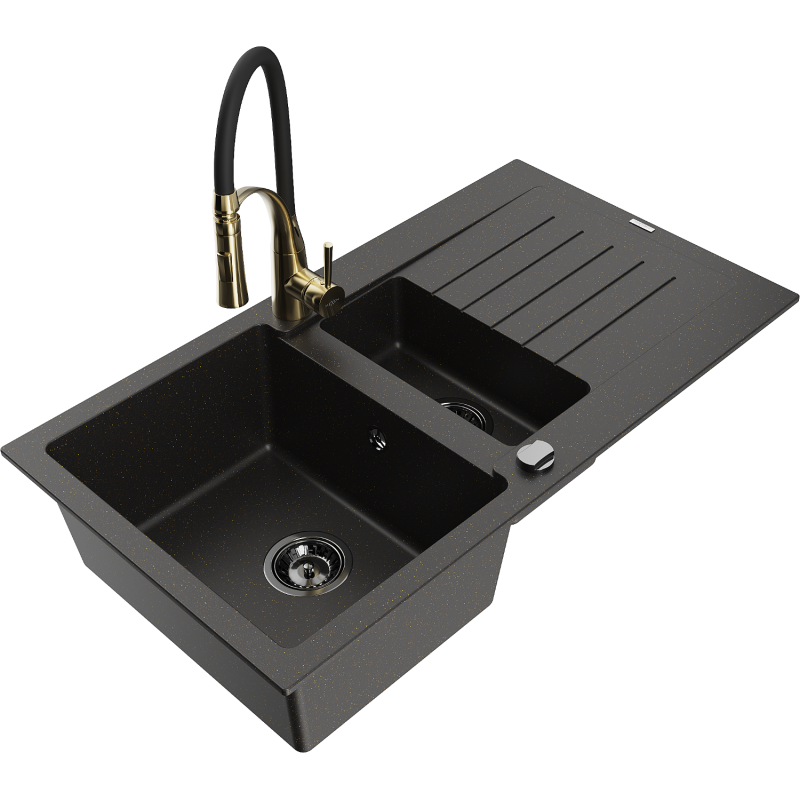 Mexen Matias Granitspüle 1,5-Becken mit Abtropffläche und Küchenarmatur Aster, schwarz/goldenes Metallik - 6502-75-73450-57-B