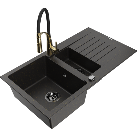 Mexen Matias Granitspüle 1,5-Becken mit Abtropffläche und Küchenarmatur Aster, schwarz/goldenes Metallik - 6502-75-73450-57-B