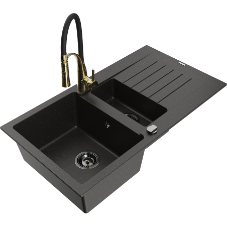 Mexen Matias Granitspüle 1,5-kammerig mit Abtropffläche und Küchenarmatur Aster, schwarz/gold metallic - 6502-75-73450-57-B