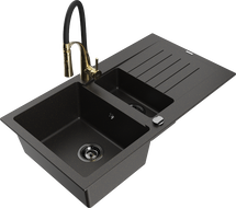 Mexen Matias 1,5-Kammer Granitspüle mit Abtropffläche und Küchenarmatur Aster, Schwarz/Gold Metallic - 6502-75-73450-57-B