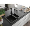Mexen Matias Granitspüle 1,5 Becken mit Abtropffläche und Küchenarmatur Aster, schwarz/gold metallic - 6502-75-73450-70-B