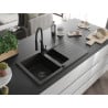 Mexen Matias Granitspüle 1,5-beckig mit Abtropffläche und Küchenarmatur Aster, schwarz/gold metallic - 6502-75-73450-70-B