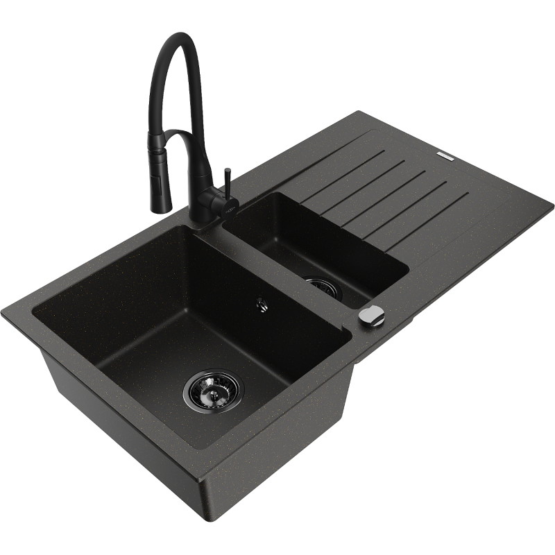 Mexen Matias Granitspüle 1,5 Becken mit Abtropffläche und Küchenarmatur Aster, schwarz/gold metallic - 6502-75-73450-70-B
