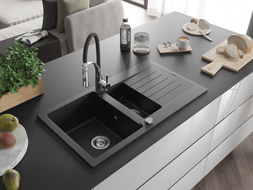 Mexen Matias granitspüle 1,5-becken mit abtropffläche und küchenarmatur Aster, schwarz - 6502-77-73450-07