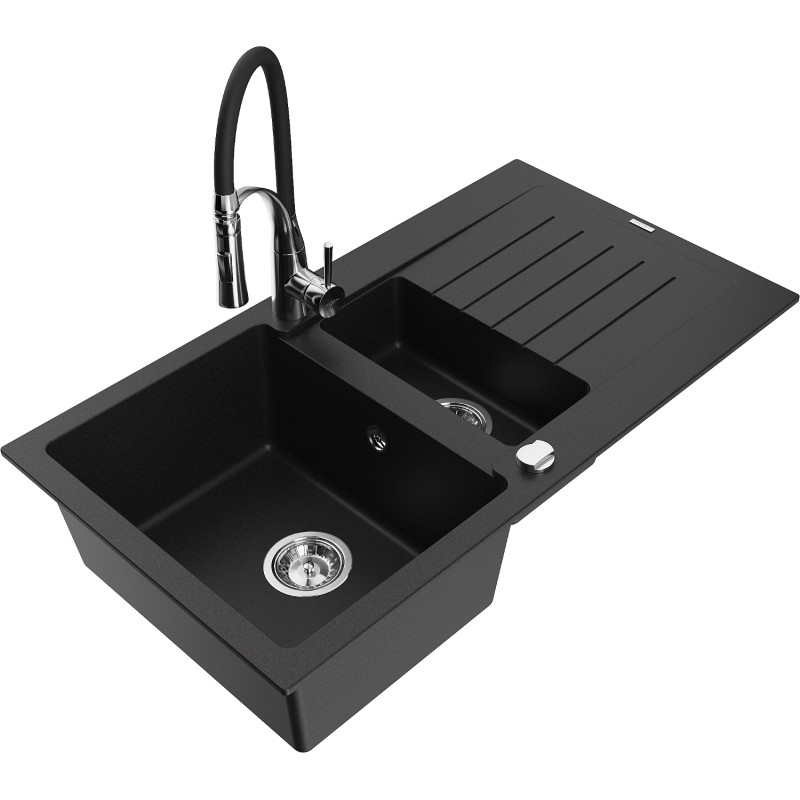 Mexen Matias Granitspüle 1,5-Becken mit Abtropffläche und Küchenarmatur Aster, schwarz - 6502-77-73450-07