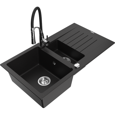 Mexen Matias Granitspüle 1,5-Becken mit Abtropffläche und Küchenarmatur Aster, schwarz - 6502-77-73450-07