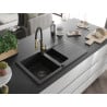 Mexen Matias Granitspüle 1,5-Becken mit Abtropffläche und Küchenarmatur Aster, schwarz - 6502-77-73450-57-B