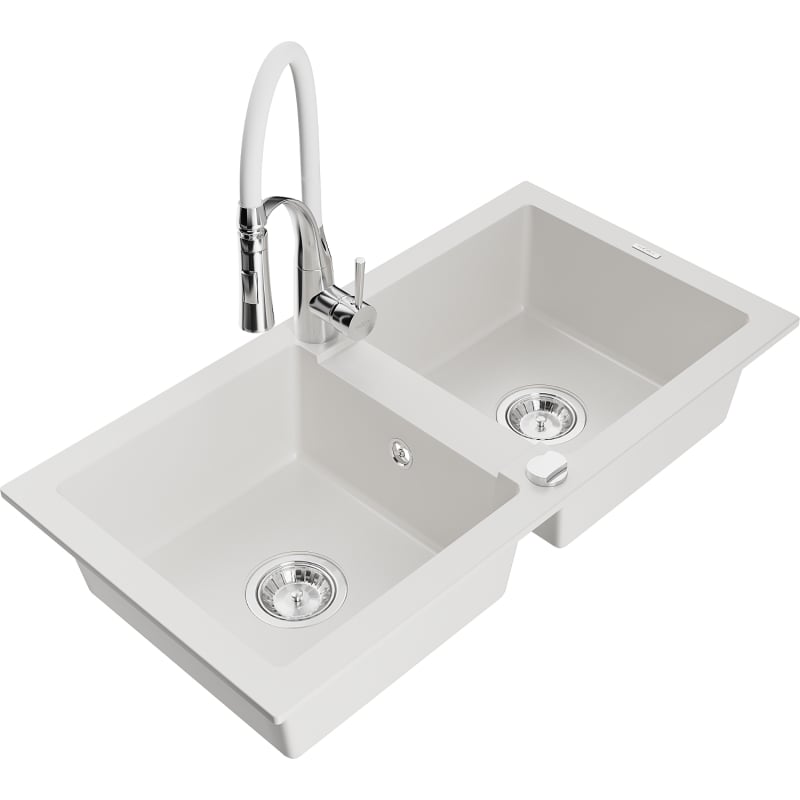 Mexen Mario 2-Kammer Granitspüle mit Küchenarmatur Aster, weiß - 6504-20-73450-02